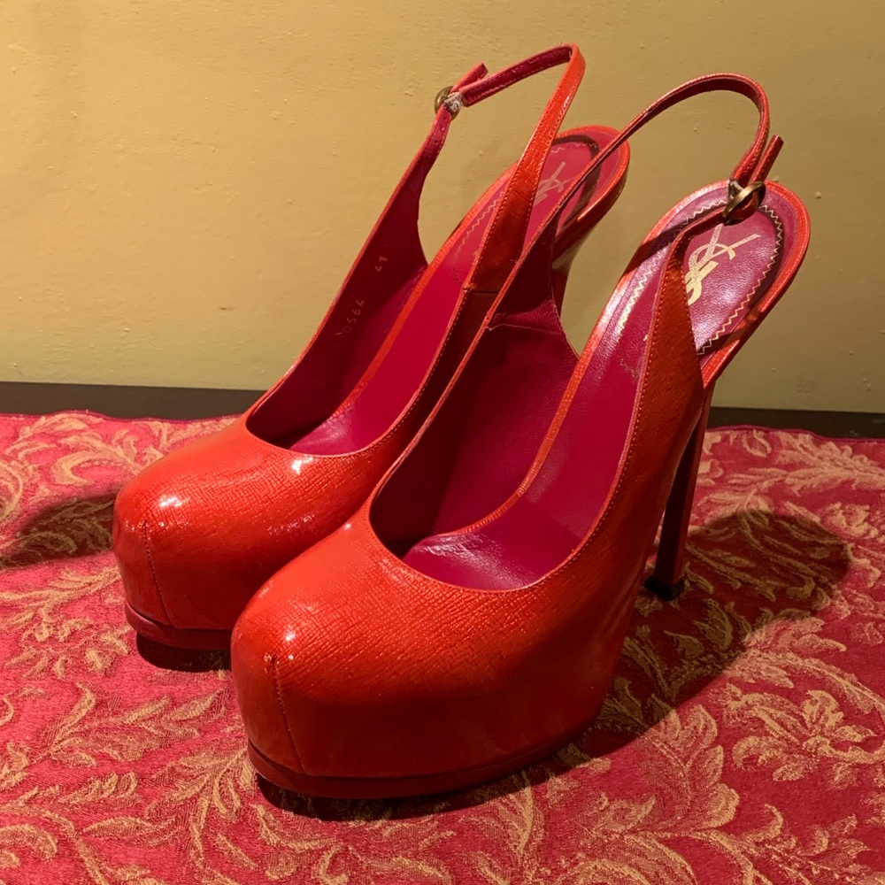 YSL 105 Lipstick Red Patent Slingback Pumps